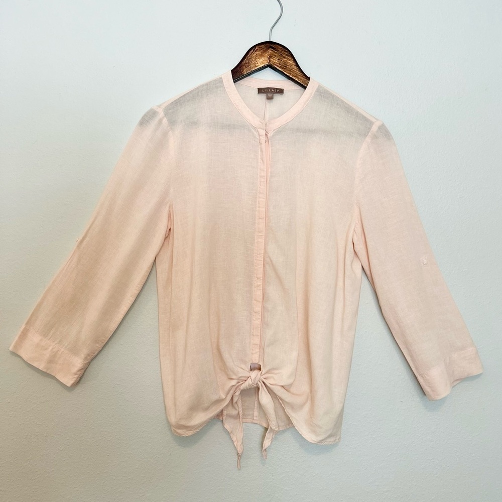 Lilla P 3/4 Sleeve Tie Front Rayon/Linen Blend Top, Sheer Peach Color, Small